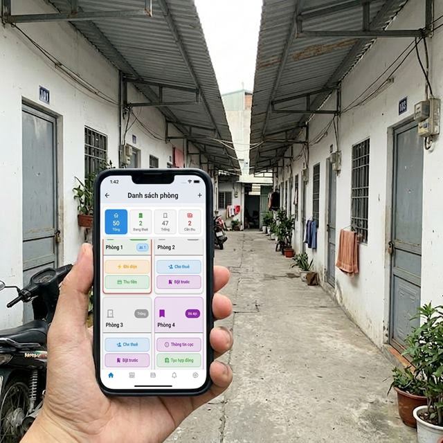 Minh họa ứng dụng quản lý nhà trọ với giao diện trực quan và nền nhà trọ thực tế